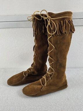 Handmade Brown Suede Fringe Lace-Up Moccasins Women's 10